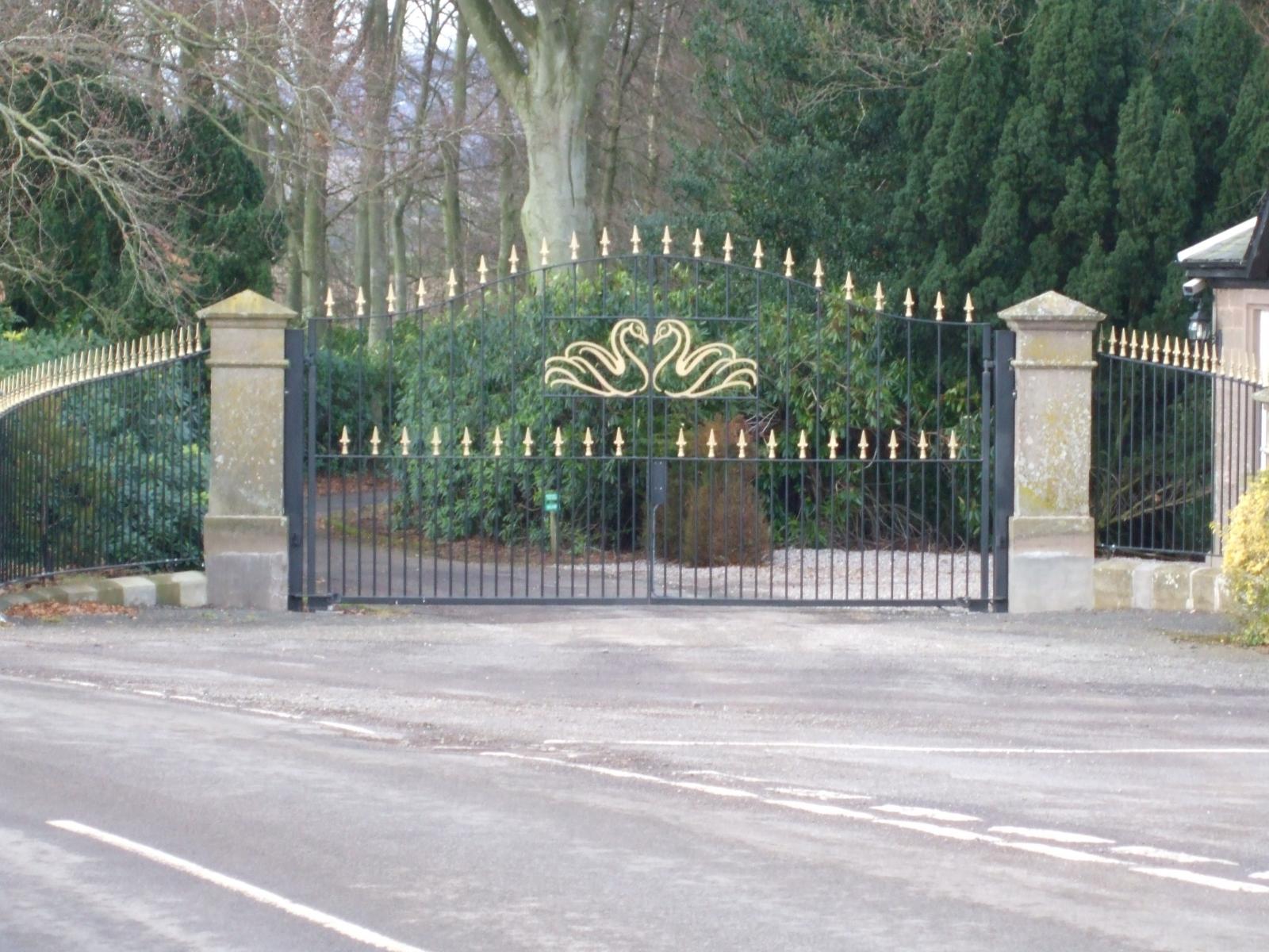 black double leaf gate with gold swan decoration